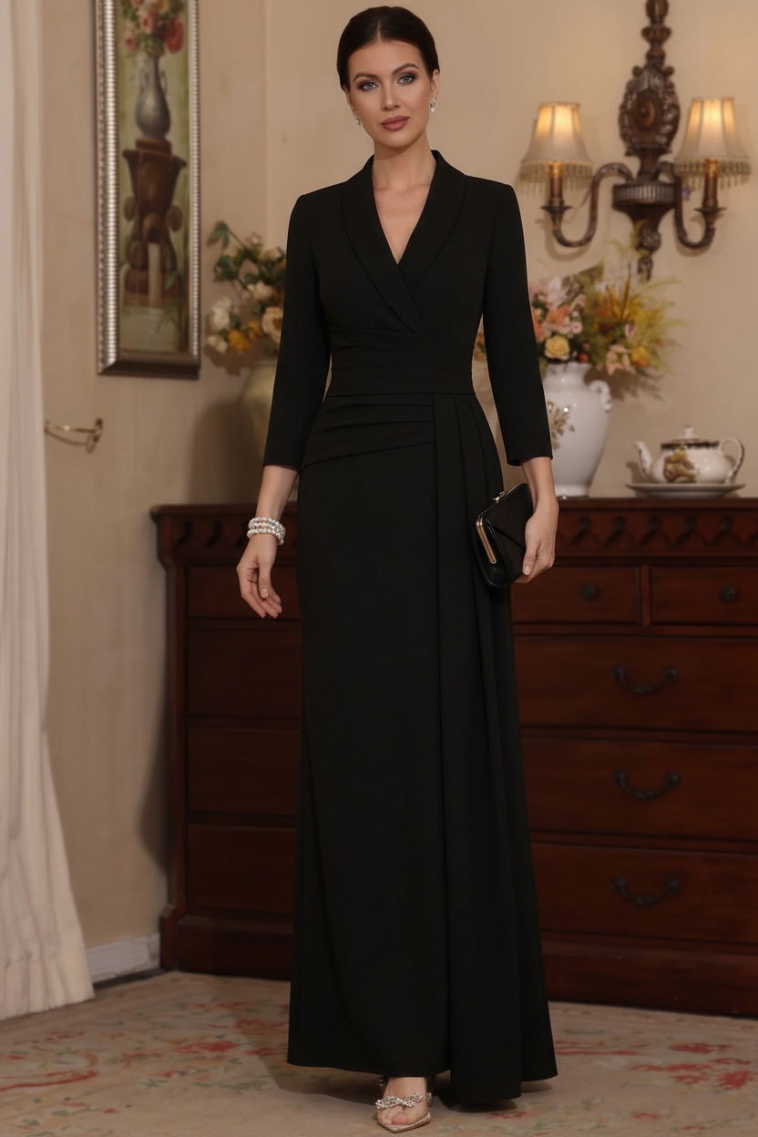 Sheath/Column V-Neck Stretch Satin Mother Of The Bride Dresses with Watteau Train 3/4 Sleeves Ankle-Length