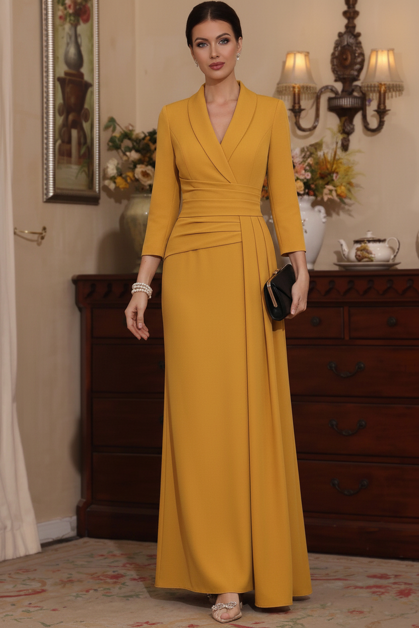 Sheath/Column V-Neck Stretch Satin Mother Of The Bride Dresses with Watteau Train 3/4 Sleeves Ankle-Length