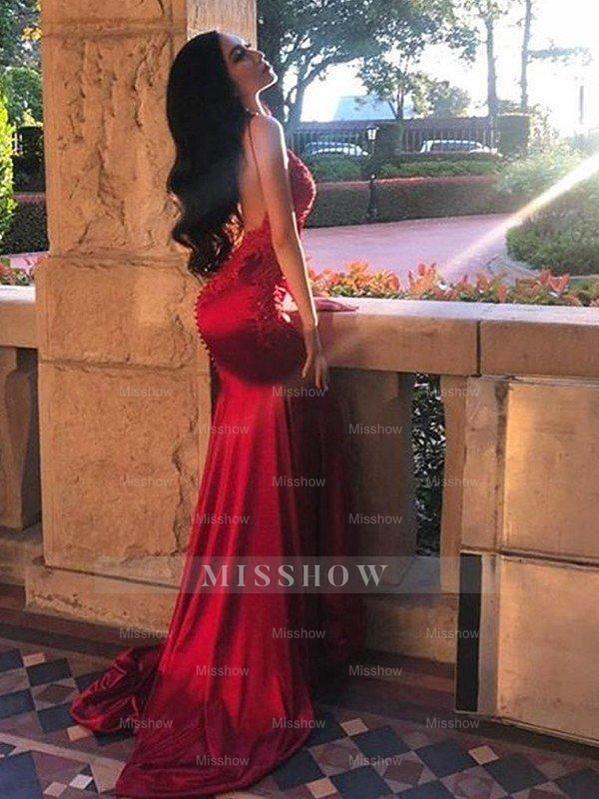 Burgundy v-neck applique column prom dress