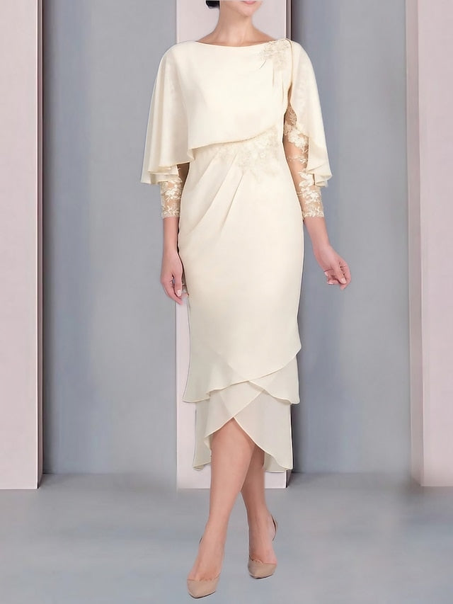 Sheath Column Scoop Short Sleeves Tea Length Mother Of The Bride Dresses With Appliques Lace