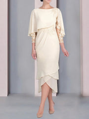 Sheath Column Scoop Short Sleeves Tea Length Mother Of The Bride Dresses With Appliques Lace