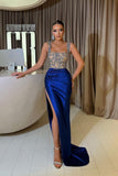 Sheath Royal Blue Straps Split Front Square Sleeveless Jewelry Ruffles Floor-Length Stain Prom Dresses with Beadings