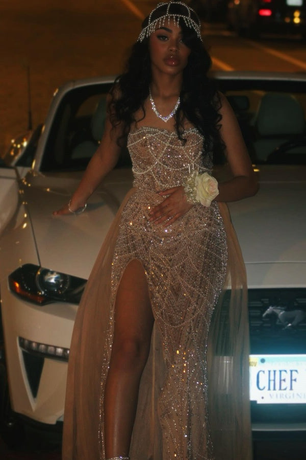 Shimmering A Line Sleeveless Strapless Sequined Beaded Prom Dress with Slit