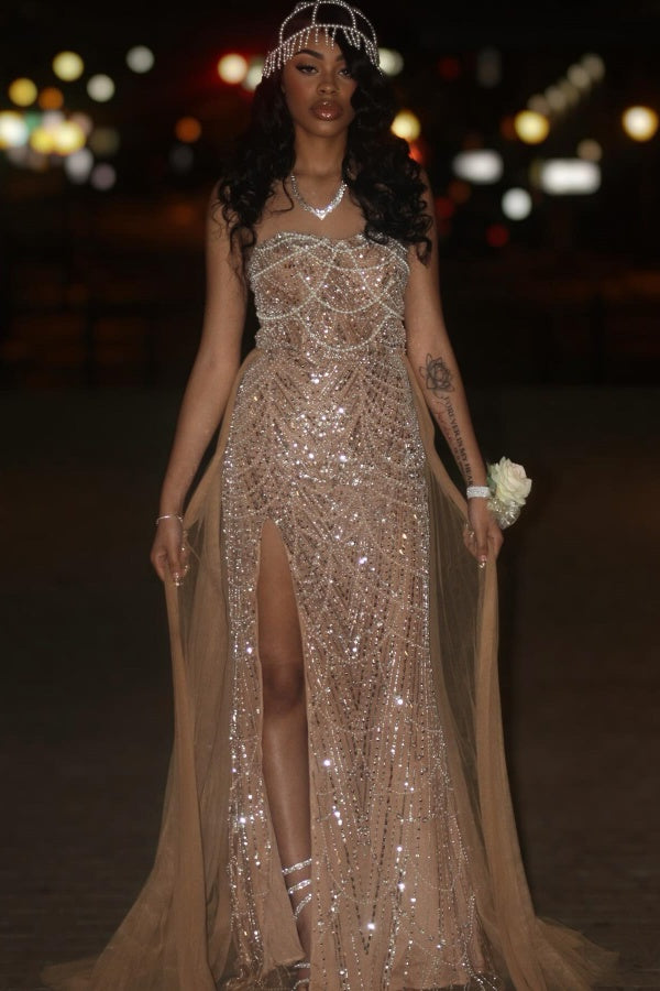 Shimmering A Line Sleeveless Strapless Sequined Beaded Prom Dress with Slit