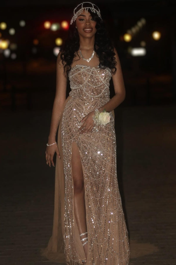 Shimmering A Line Sleeveless Strapless Sequined Beaded Prom Dress with Slit