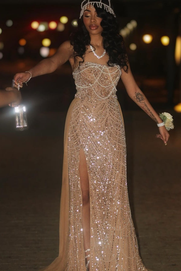 Shimmering A Line Sleeveless Strapless Sequined Beaded Prom Dress with Slit
