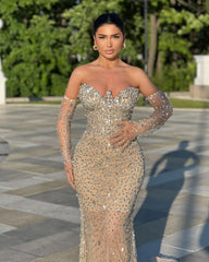 Shining Champagne Mermaid Strapless Sleeveless Beaded Tulle Long Formal Dress With Rhinestones