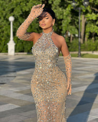 Shining Champagne Mermaid Strapless Sleeveless Beaded Tulle Long Formal Dress With Rhinestones