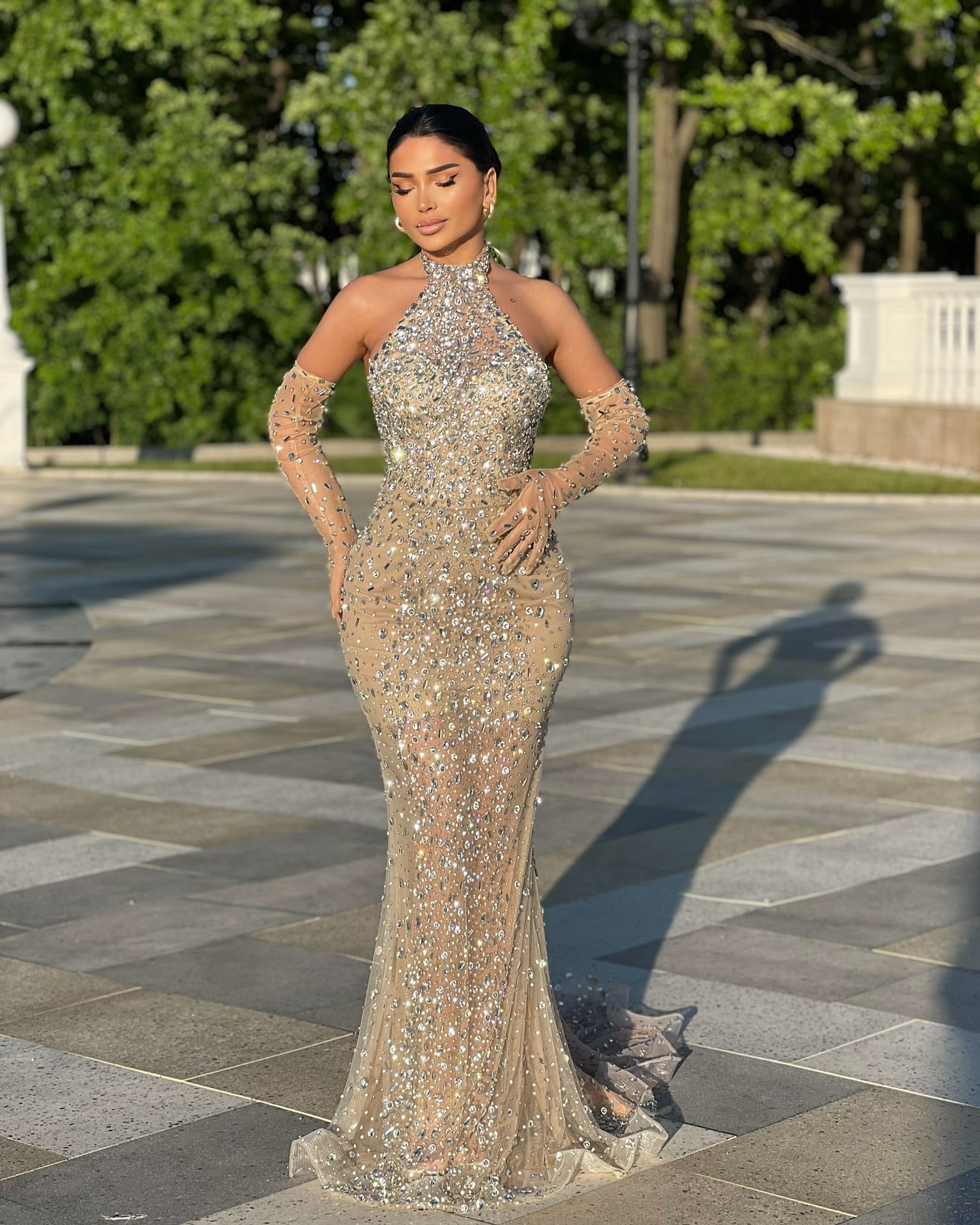 Shining Champagne Mermaid Strapless Sleeveless Beaded Tulle Long Formal Dress With Rhinestones