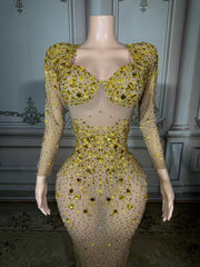 Shining Gold Sweetheart Column Beaded Long Sleeve Floor-Length Tulle Evening Dresses With Rhinestones