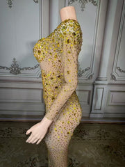 Shining Gold Sweetheart Column Beaded Long Sleeve Floor-Length Tulle Evening Dresses With Rhinestones