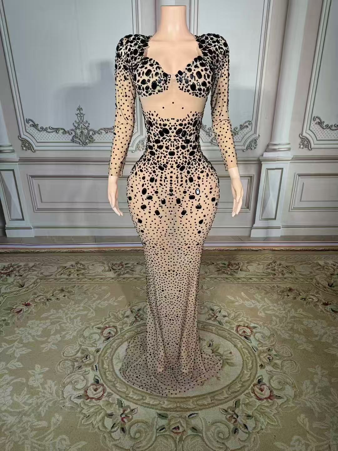Shining Gold Sweetheart Column Beaded Long Sleeve Floor-Length Tulle Evening Dresses With Rhinestones