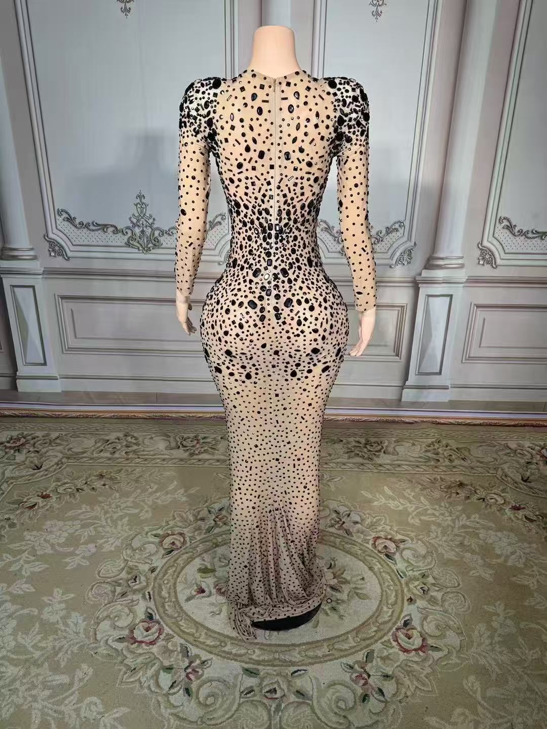 Shining Gold Sweetheart Column Beaded Long Sleeve Floor-Length Tulle Evening Dresses With Rhinestones
