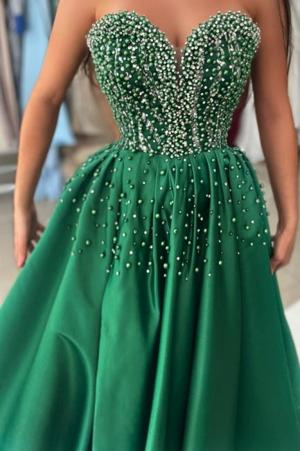 Shining Green Sweetheart Strapless Sleeveless Beaded A-Line Satin Split Front Prom Evening Dresses With Pearls And Rhinestones