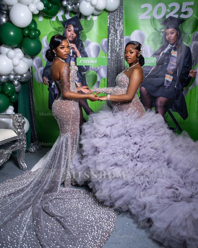 Shining Long Mermaid Silver Strapless Prom Dress with Rhinestone Embellishment