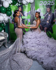 Shining Long Mermaid Silver Strapless Prom Dress with Rhinestone Embellishment