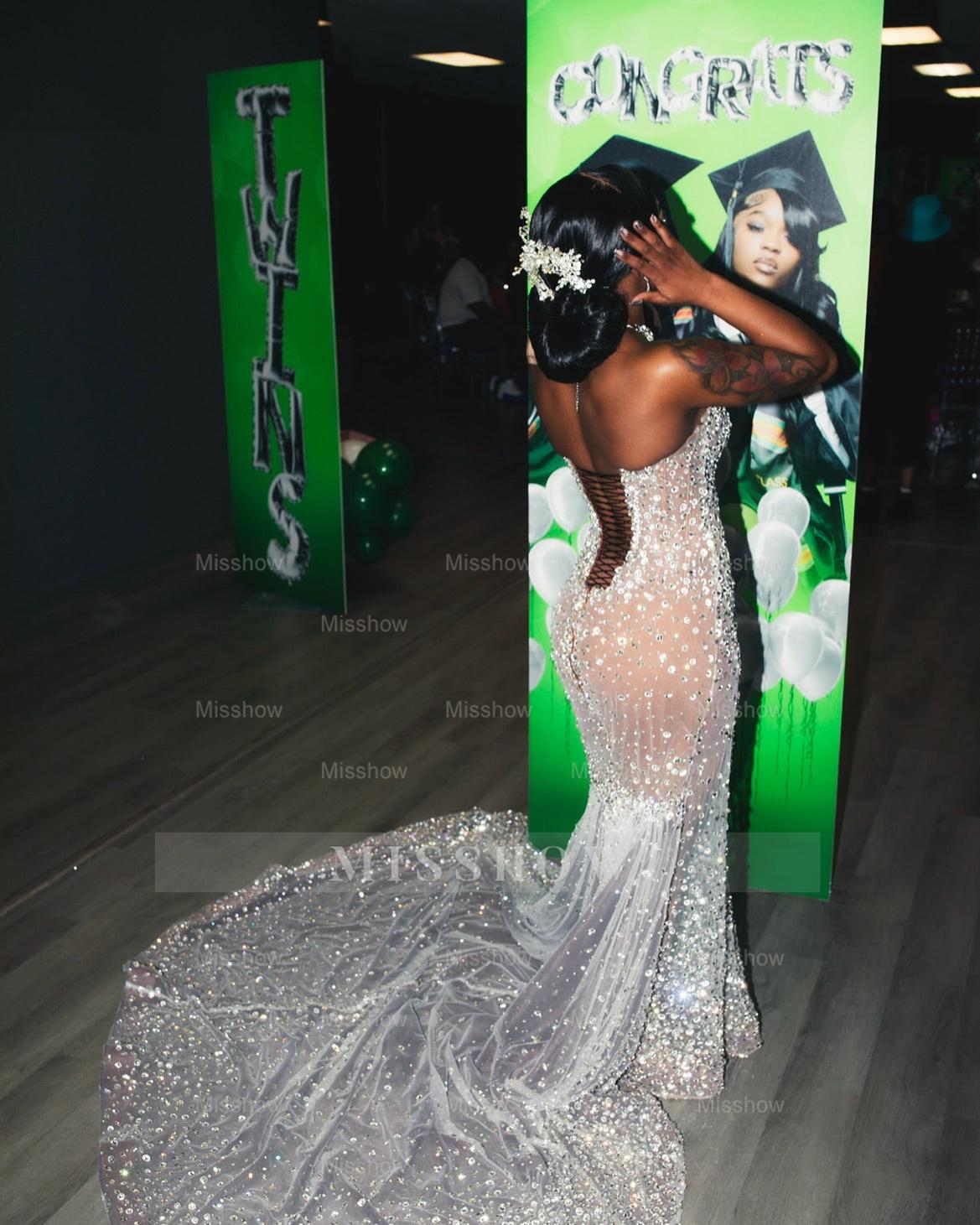 Shining Long Mermaid Silver Strapless Prom Dress with Rhinestone Embellishment