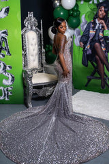 Shining Long Mermaid Silver Strapless Prom Dress with Rhinestone Embellishment
