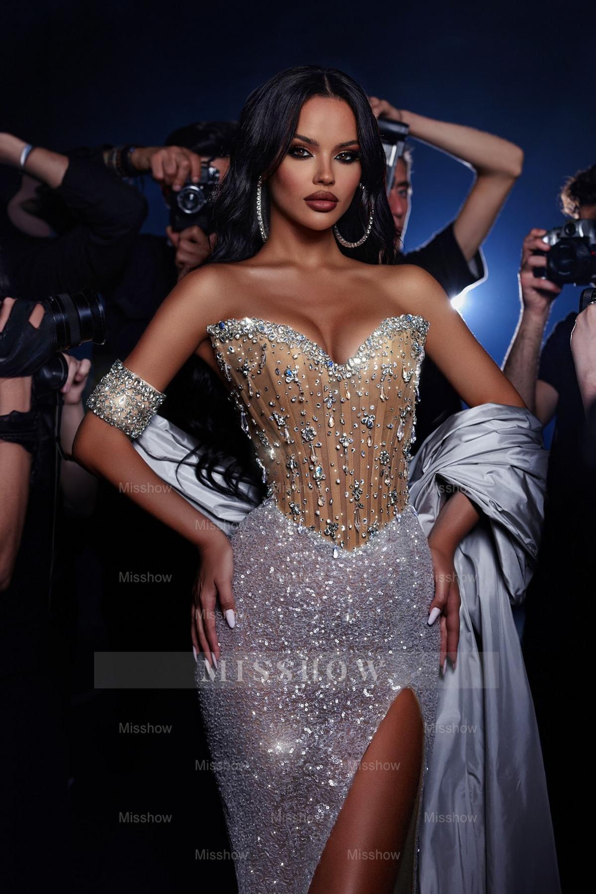 Silver sweetheart rhinestone column prom dress