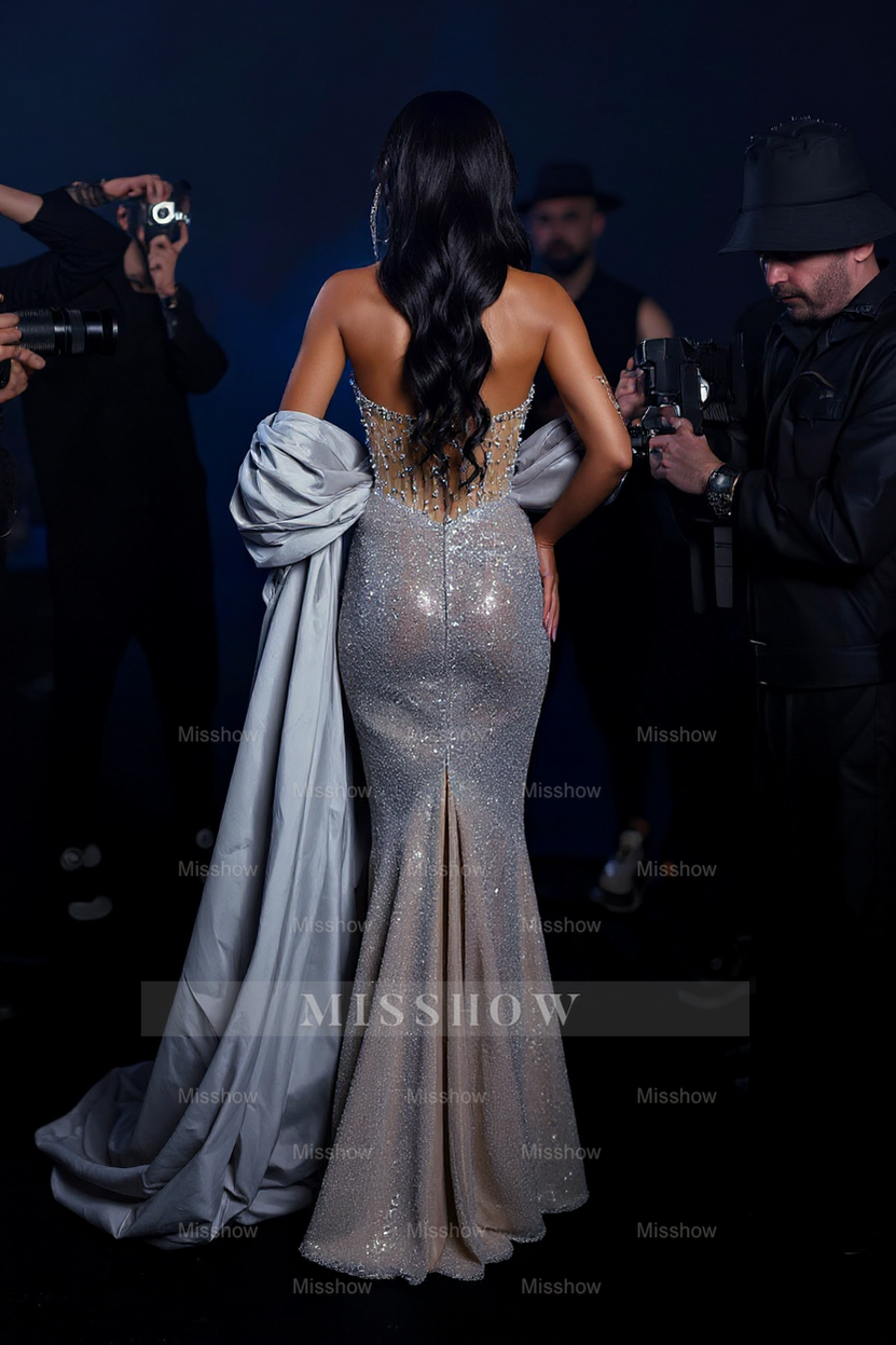 Silver sweetheart rhinestone column prom dress