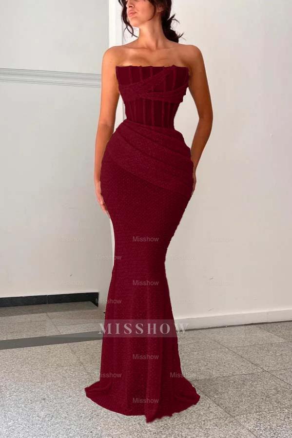 Shining Strapless Sleeveless Mermaid Long Formal Dress With Pleated