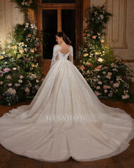 White scoop beaded ball gown wedding dress