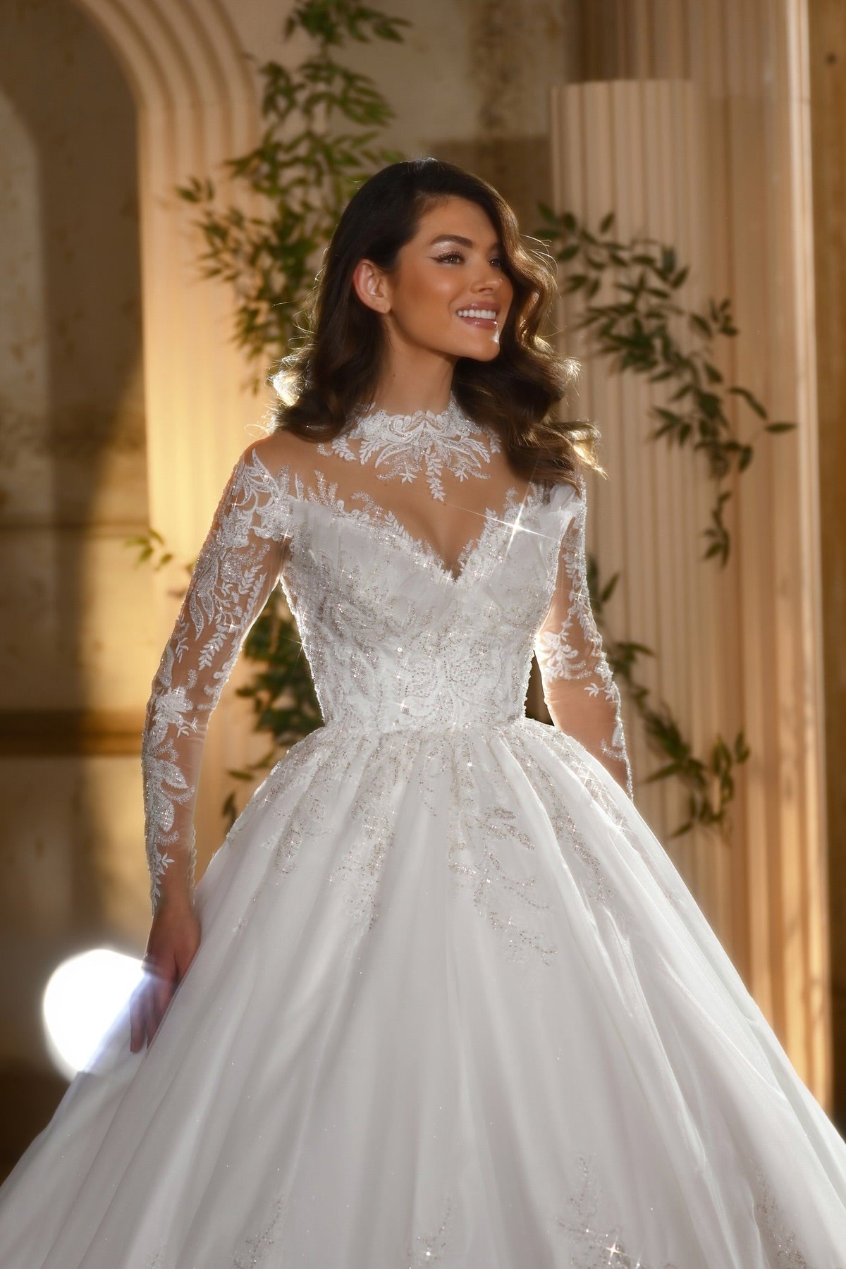 Shining White High-Neck A-Line Long Sleeves Ball Gown Cathedral Train Lace Wedding Dresses With Sequins