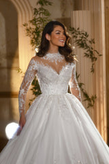 Shining White High-Neck A-Line Long Sleeves Ball Gown Cathedral Train Lace Wedding Dresses With Sequins