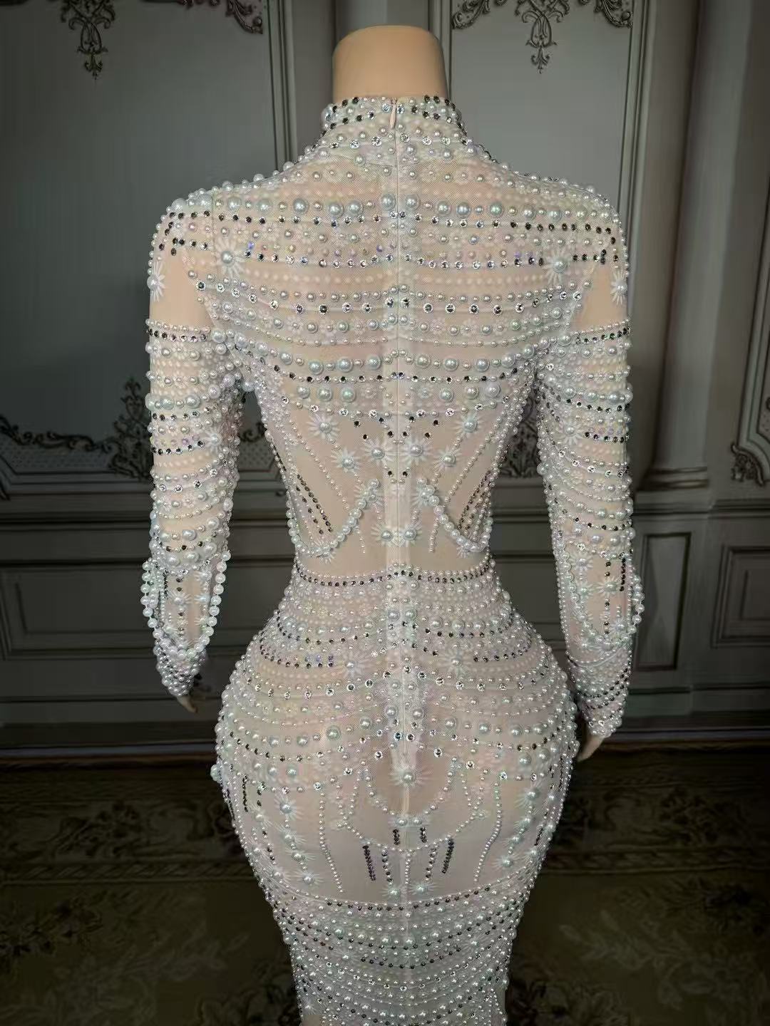 Shining White High-Neck Column Beaded Long Sleeve Slit Long Tulle Evening Dresses With Pearls