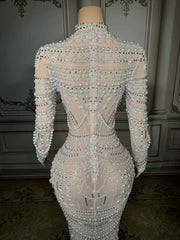 Shining White High-Neck Column Beaded Long Sleeve Slit Long Tulle Evening Dresses With Pearls