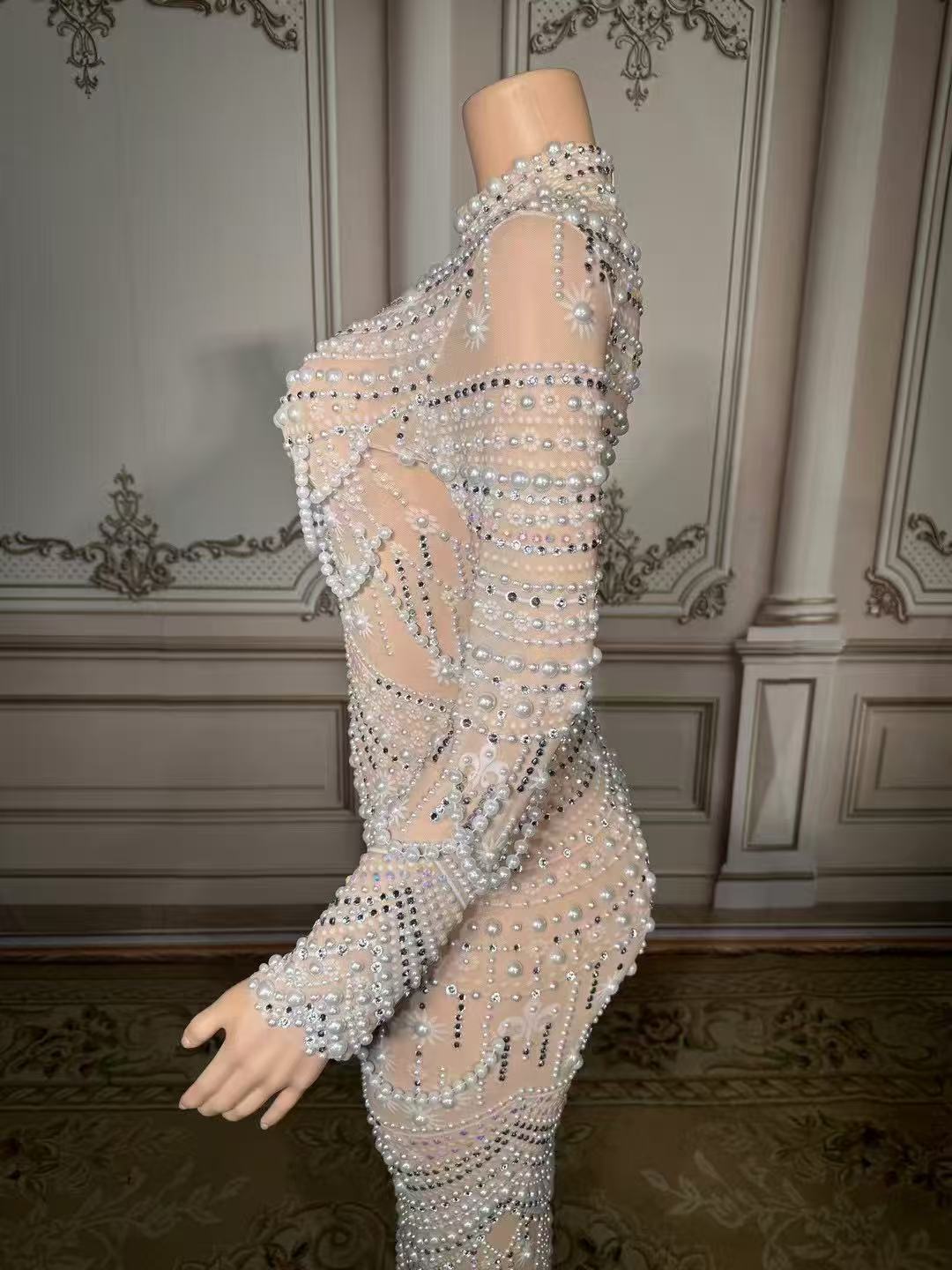 Shining White High-Neck Column Beaded Long Sleeve Slit Long Tulle Evening Dresses With Pearls