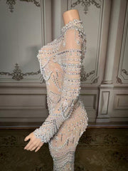 Shining White High-Neck Column Beaded Long Sleeve Slit Long Tulle Evening Dresses With Pearls