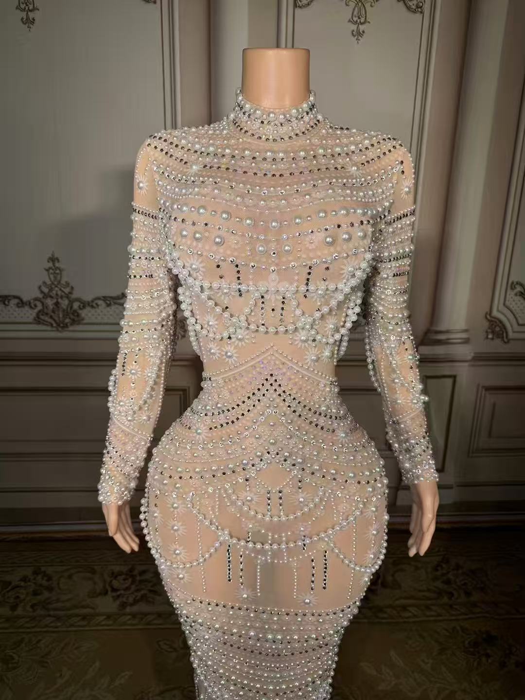 Shining White High-Neck Column Beaded Long Sleeve Slit Long Tulle Evening Dresses With Pearls