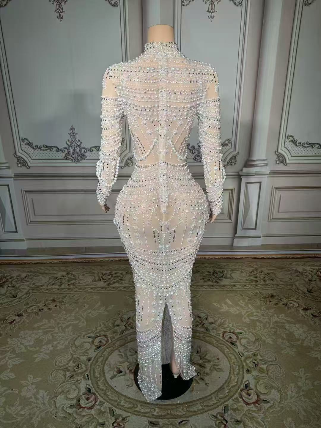 Shining White High-Neck Column Beaded Long Sleeve Slit Long Tulle Evening Dresses With Pearls