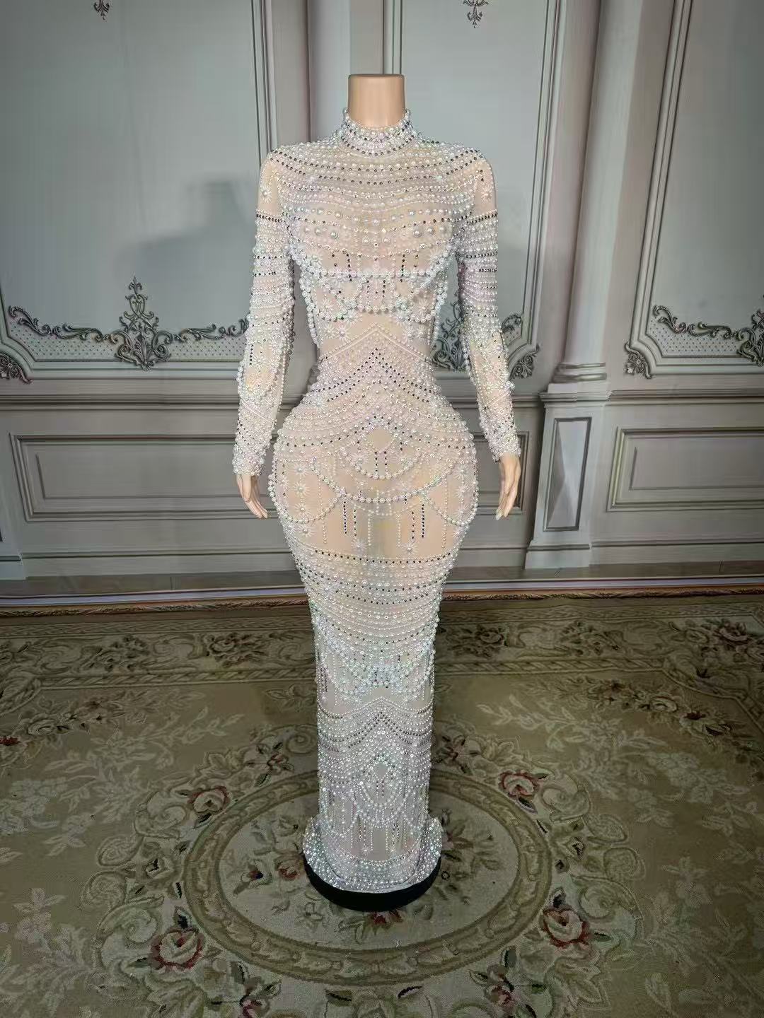 Shining White High-Neck Column Beaded Long Sleeve Slit Long Tulle Evening Dresses With Pearls