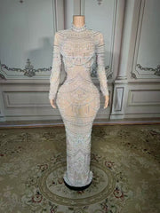 Shining White High-Neck Column Beaded Long Sleeve Slit Long Tulle Evening Dresses With Pearls