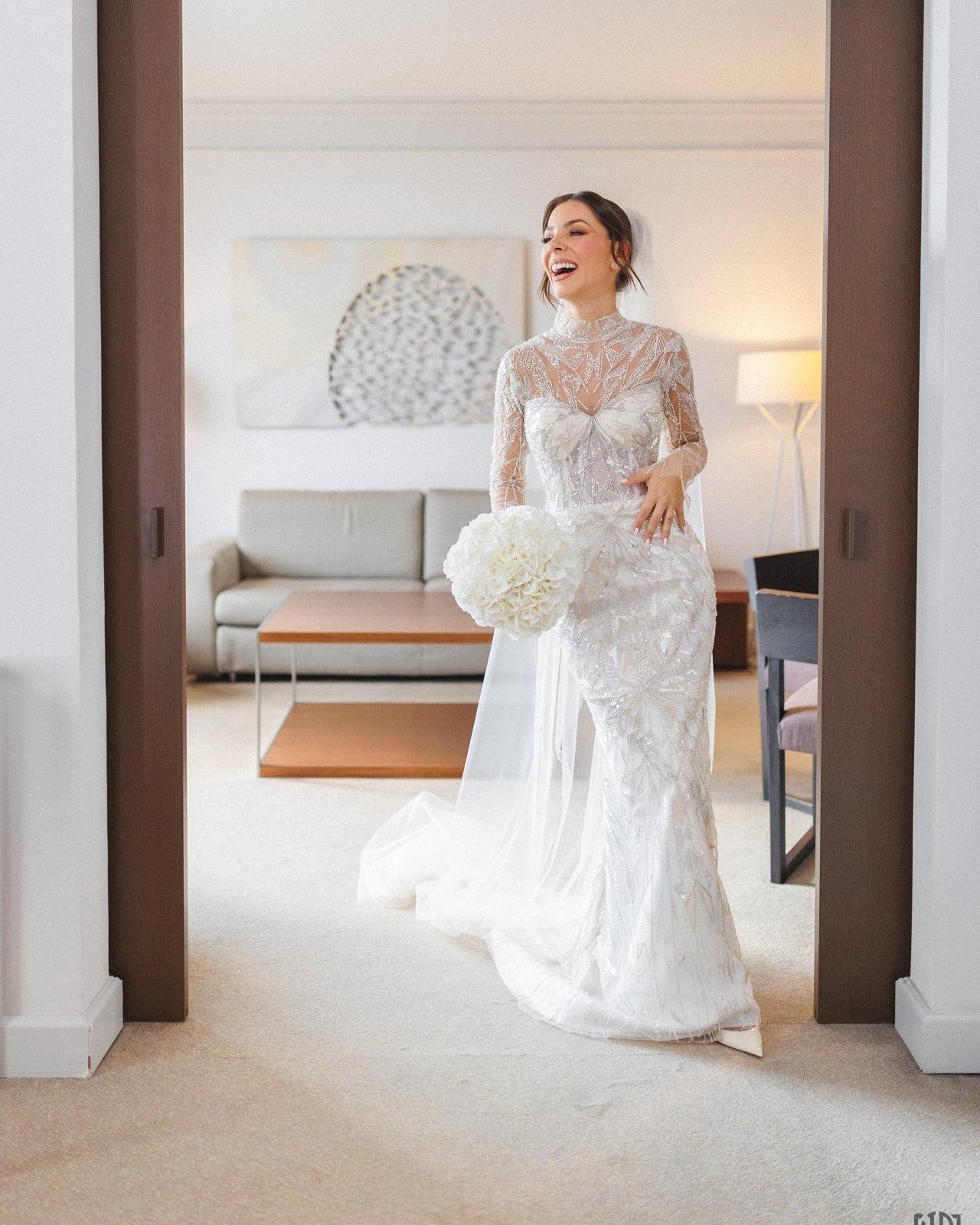 Shining White Mermaid High-Neck Long Sleeves Beaded Sweep Train Tulle Wedding Dress With Sequins