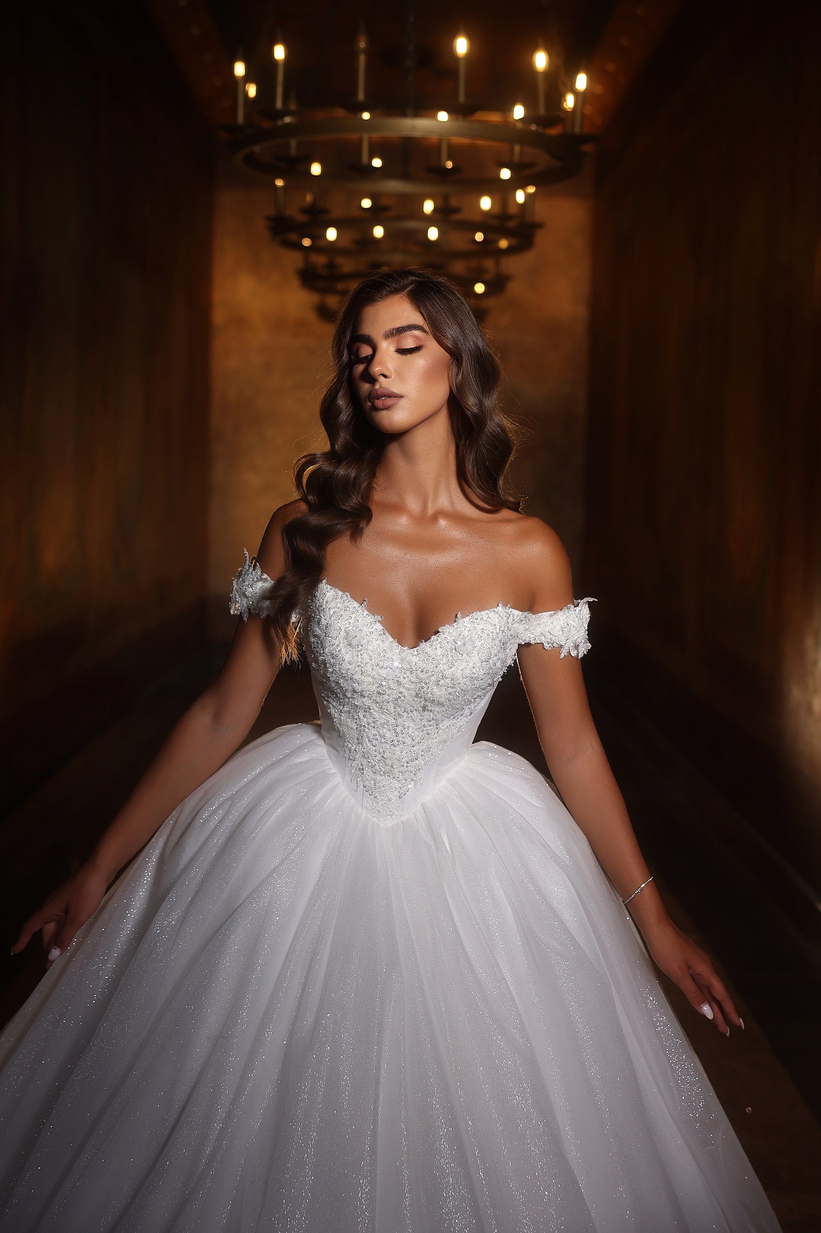 Shining White Sweetheart Off-the-shoulder Sequined Ball Gown Princess Wedding Dress With Appliques
