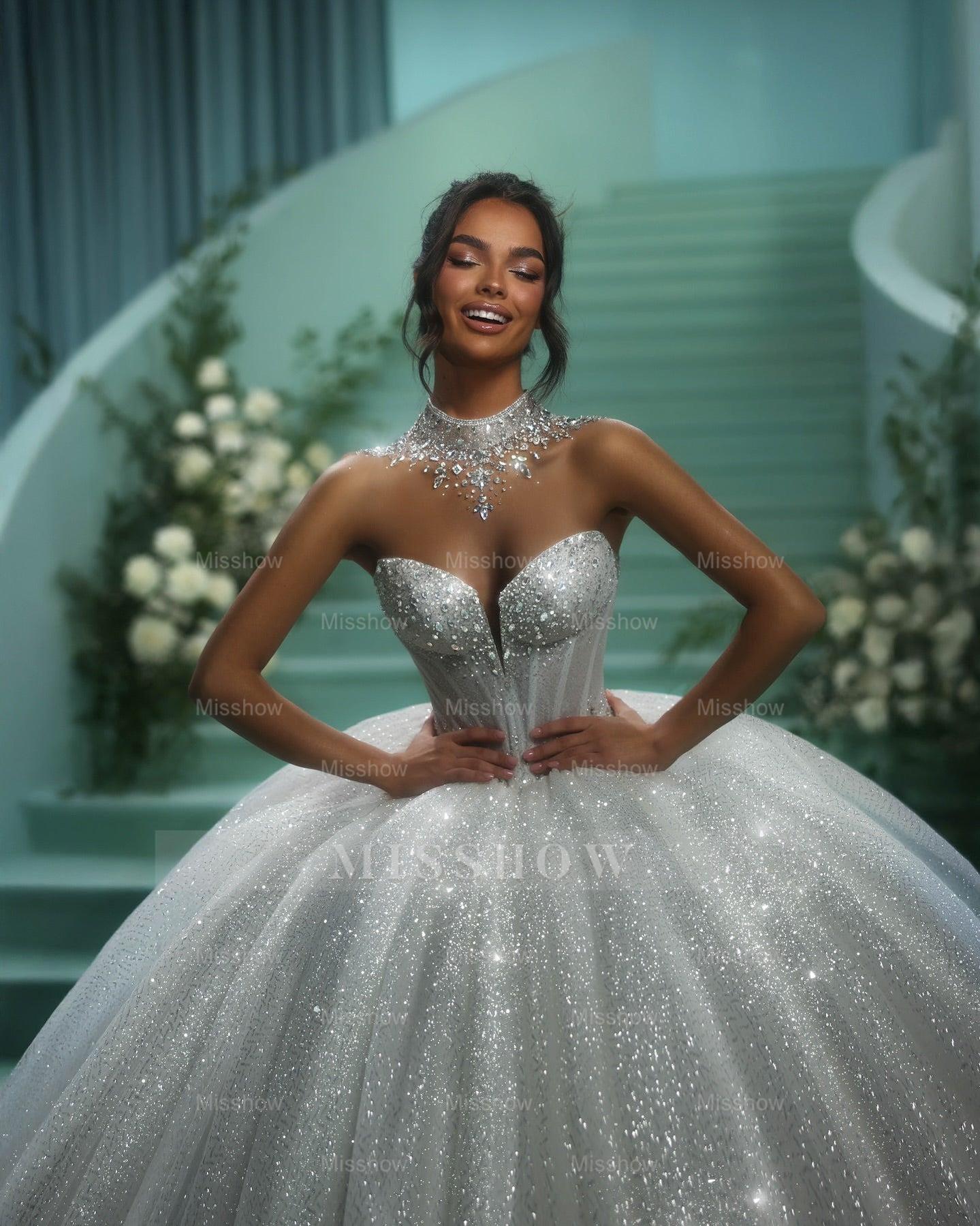 White Ball Gown Wedding Dress - Sequined Cathedral Train White Ball Gown Wedding Dress - Sequined Cathedral Train