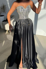 Shining Black Sweetheart A-line Beaded Sleeveless Long Satin Prom Dresses With Slit