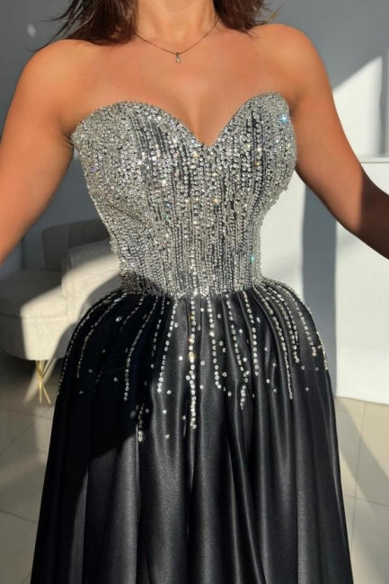 Shining Black Sweetheart A-line Beaded Sleeveless Long Satin Prom Dresses With Slit