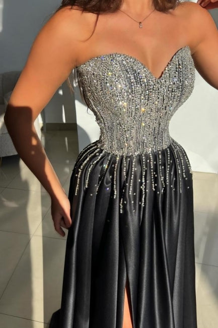 Shining Black Sweetheart A-line Beaded Sleeveless Long Satin Prom Dresses With Slit