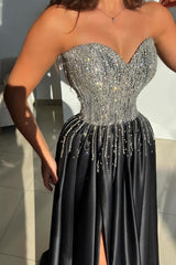 Shining Black Sweetheart A-line Beaded Sleeveless Long Satin Prom Dresses With Slit