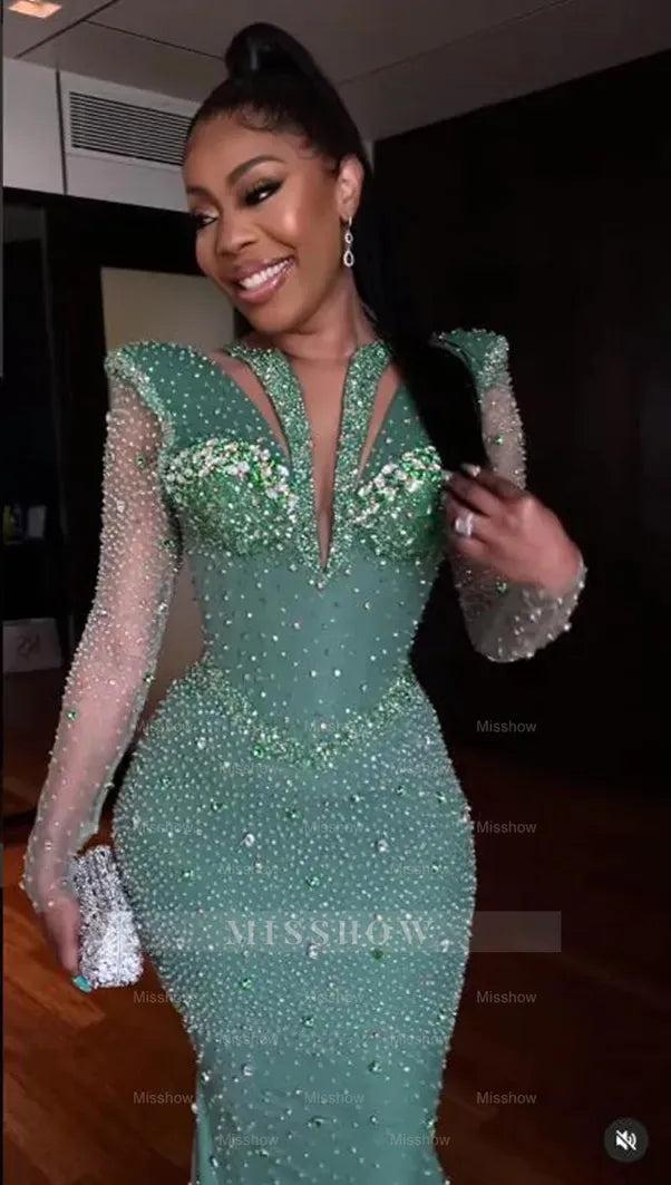 Shinning Applique Long Sleeves Green Mermaid Floor Length Formal Dress