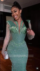 Shinning Applique Long Sleeves Green Mermaid Floor Length Formal Dress