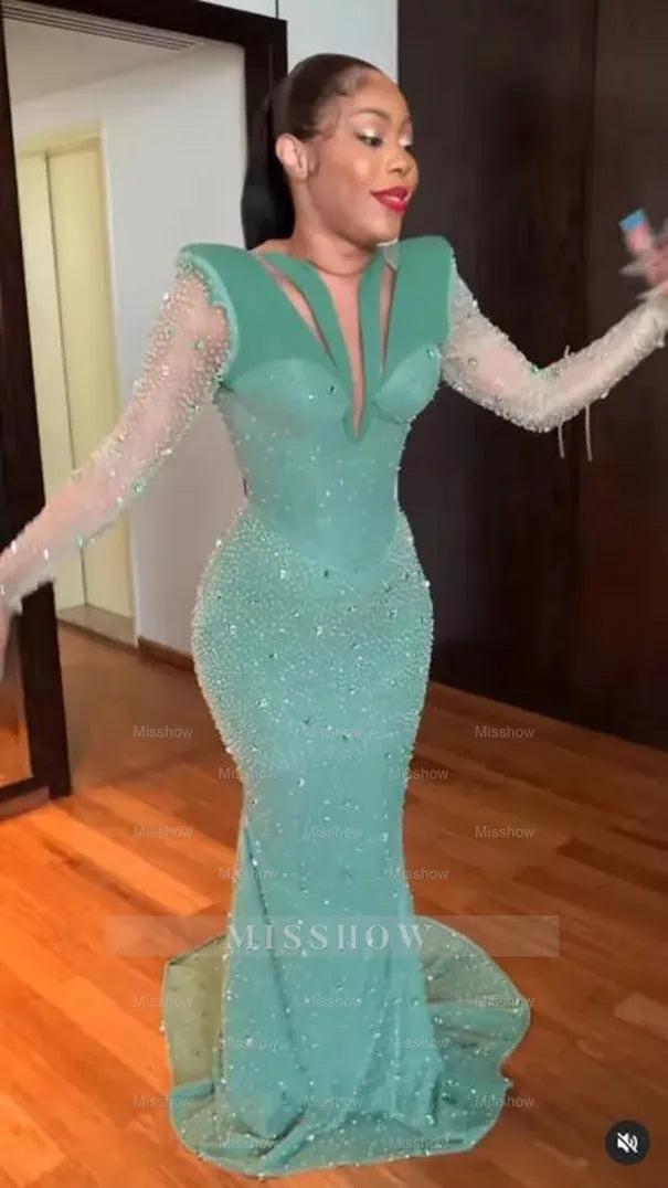 Shinning Applique Long Sleeves Green Mermaid Floor Length Formal Dress