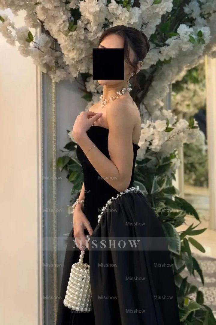 Shinning Black Strapless Sleeveless Long Formal Dress With Beading