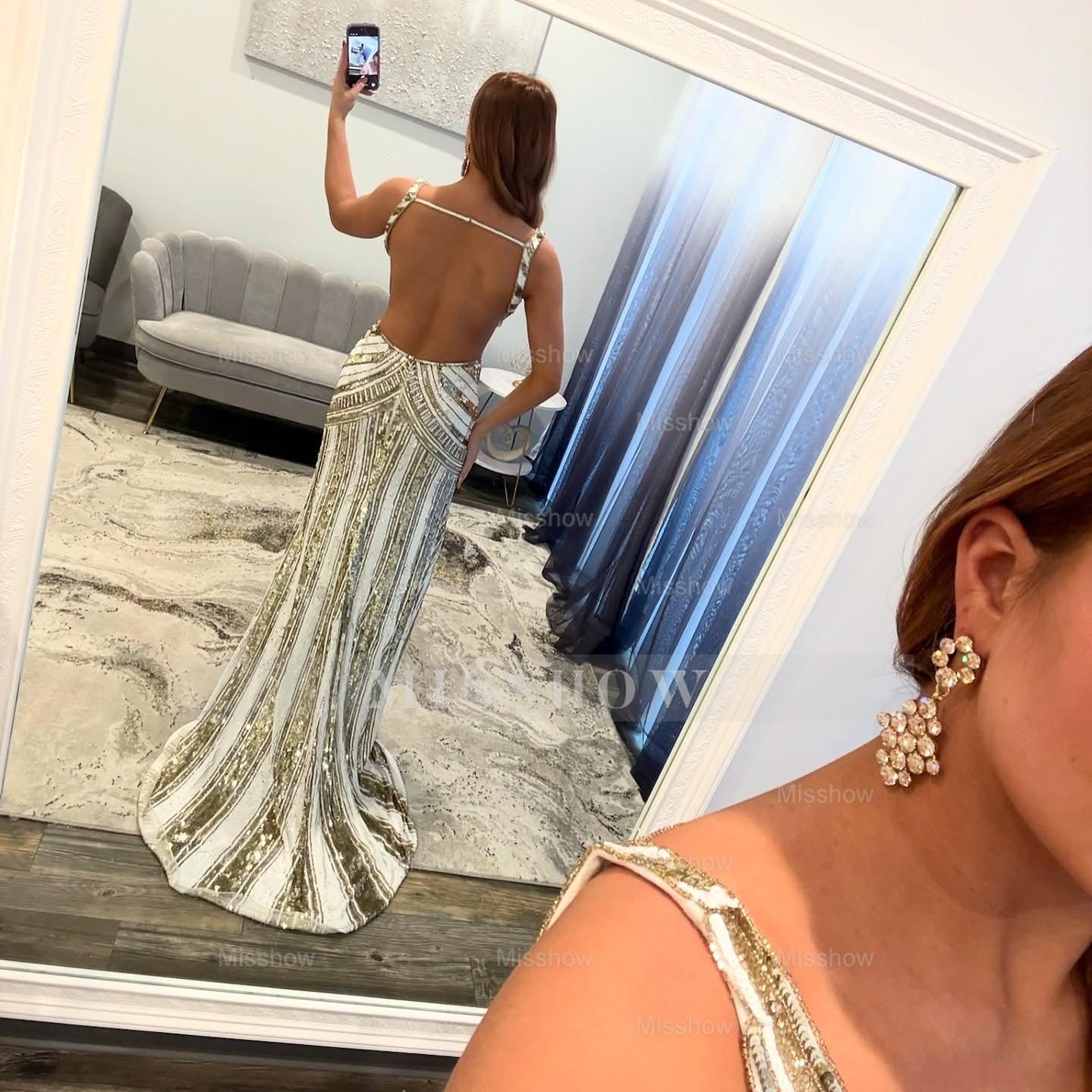 Shinning Long Mermaid Champagne V-neck Sleeveless Prom Dress with Sequins and Slit