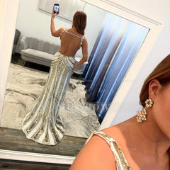 Shinning Long Mermaid Champagne V-neck Sleeveless Prom Dress with Sequins and Slit