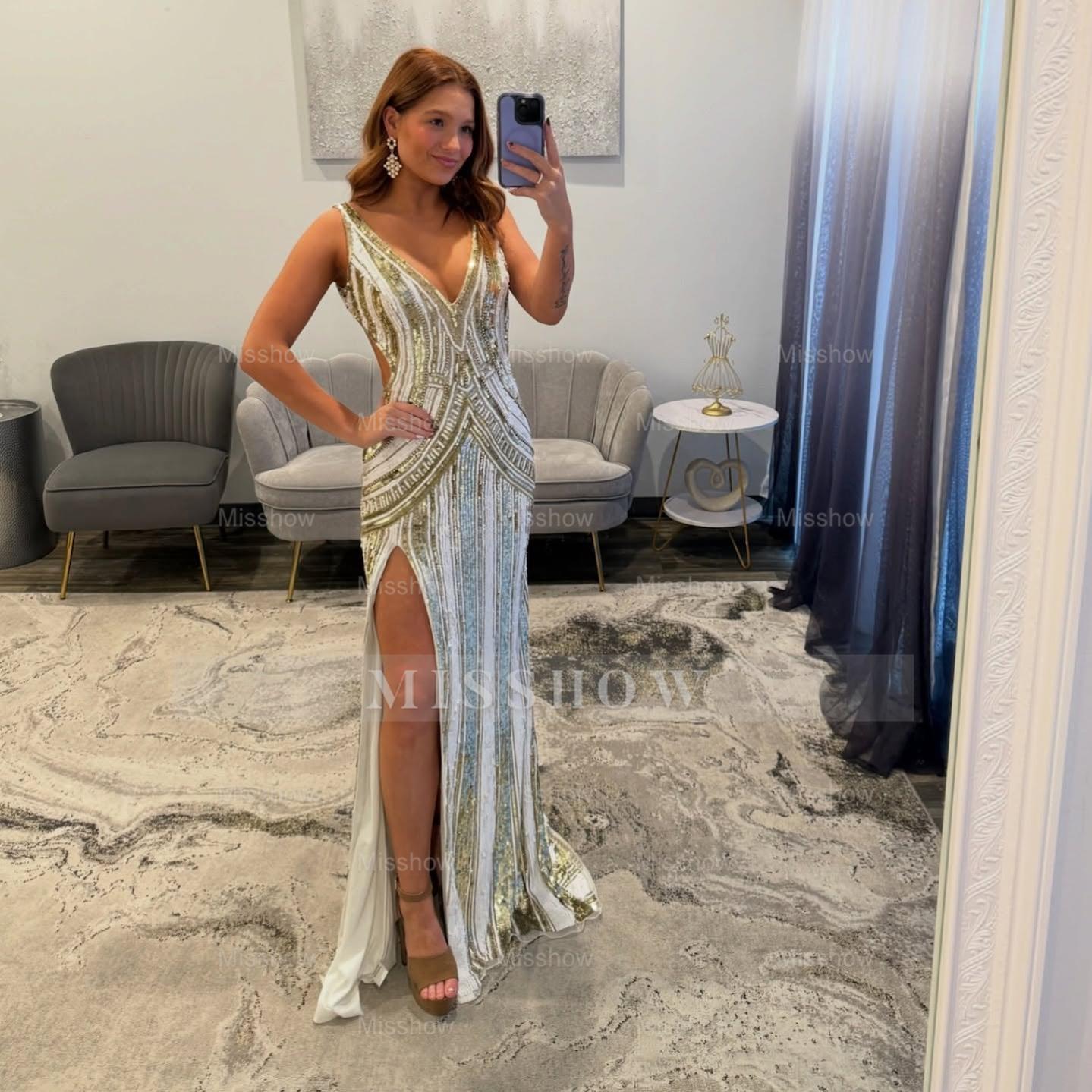 Shinning Long Mermaid Champagne V-neck Sleeveless Prom Dress with Sequins and Slit